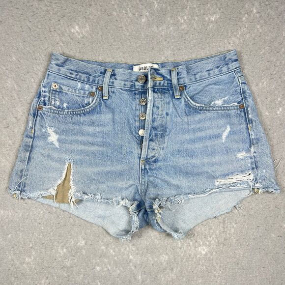 AGOLDE Parker Cut Off Distressed Denim Jean Shorts Button Fly Sz 26 High Rise - Picture 1 of 11